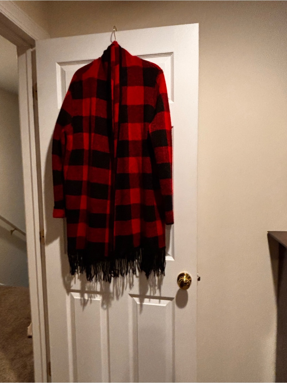 Buffalo Plaid Fringe Open-Front Coat